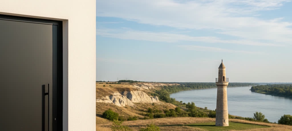 Sötét bejárati ajtó egy fehér ház falán, háttérben az érdi minaret és a Duna-part